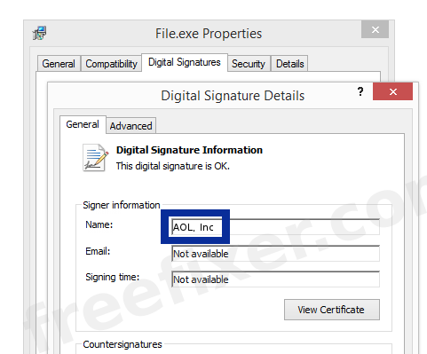 Screenshot of the AOL, Inc certificate